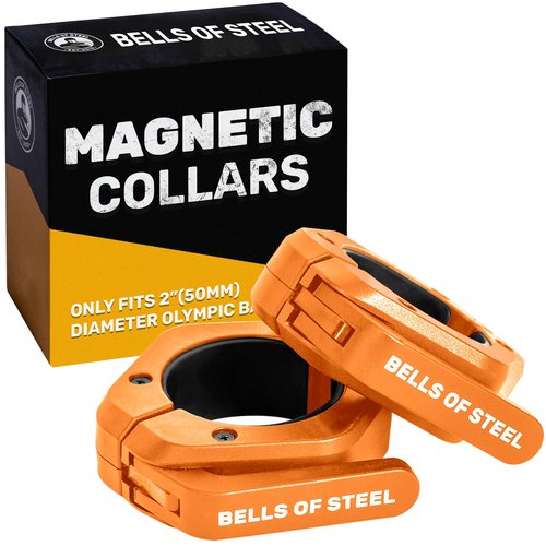 Magnetic Barbell Collars [Bells of Steel] Premium Weight Bar Clamps, Quick Release Barbell Clips, Olympic Barbell Clamps, Rubberized Gym Clips for Weightlifting Bar, Pair, Orange