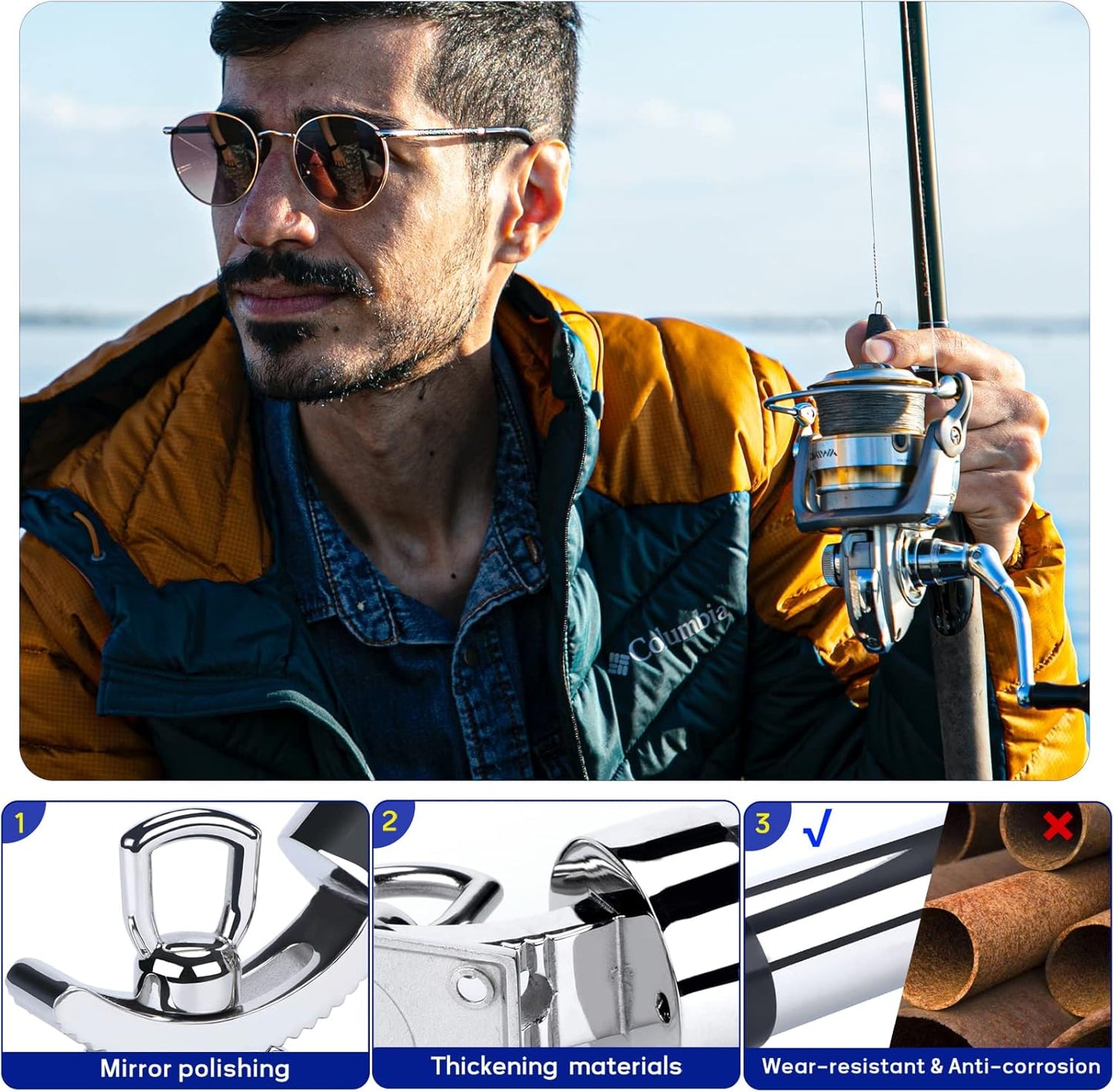 All Angle Deck-Mount Adjustable Fishing Rod Holder - 360° Adjustable - Flange Mount 90 Degrees, Marine Quality