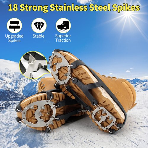 Xproutdoor Ice Cleats, Upgraded Snow Grips 18 Stainless Steel Spikes Crampons, Strong Traction Anti-Slip, Walking Hiking on Ice & Snow Ground, Mountain Climbing, for Shoes Boots