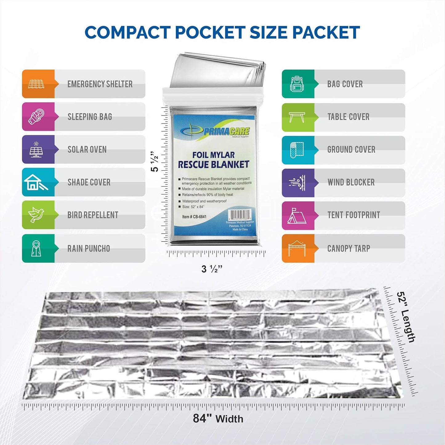 Primacare HB-10 Emergency Mylar Thermal Blankets – 10 Pack, 84" x 52", Silver – Reflective, Waterproof, Retains 90% Body Heat – for Survival, First Aid, Outdoors, Camping, EMS