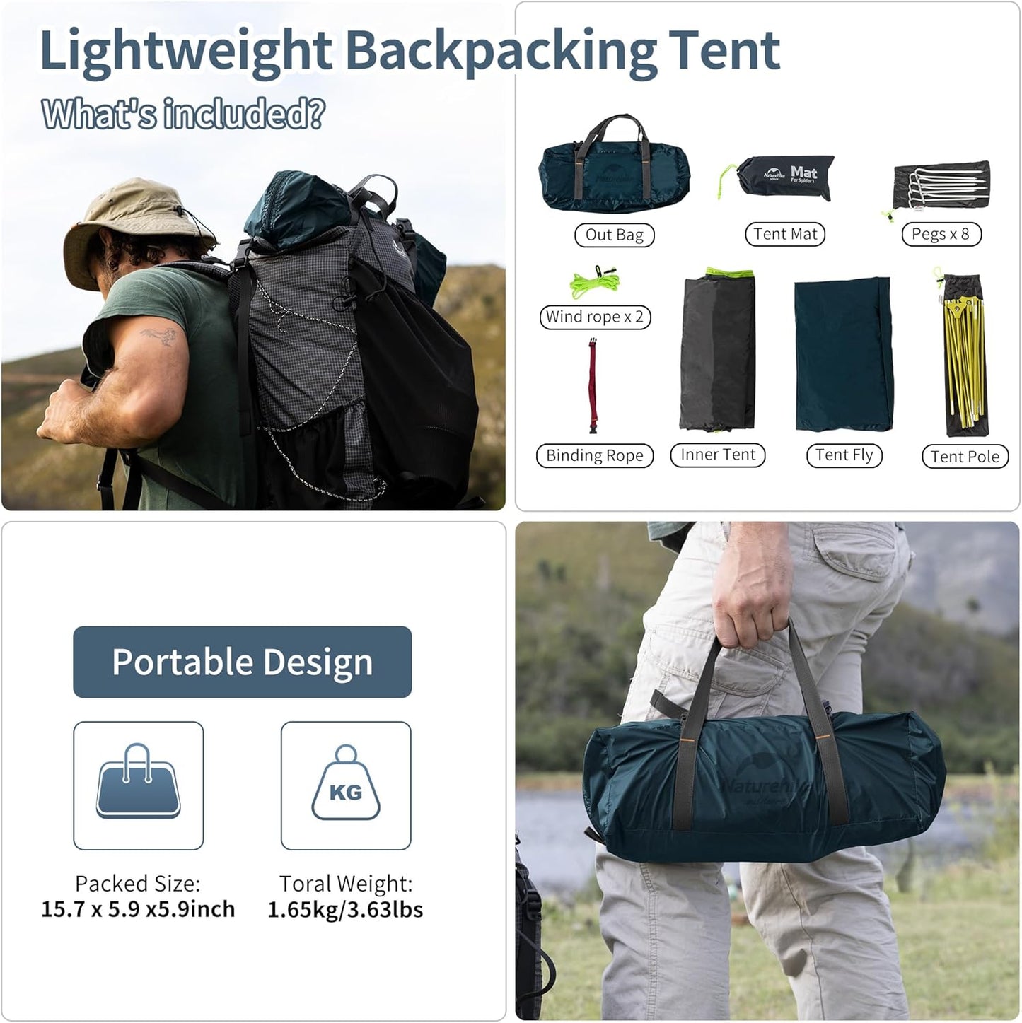 Naturehike Bikepacking 1 Person Tent, Waterproof Easy Set up Free Standing Single Person Tent, Lightweight Backpacking Tent for 1 Person, One Person Tent with Footprint Included