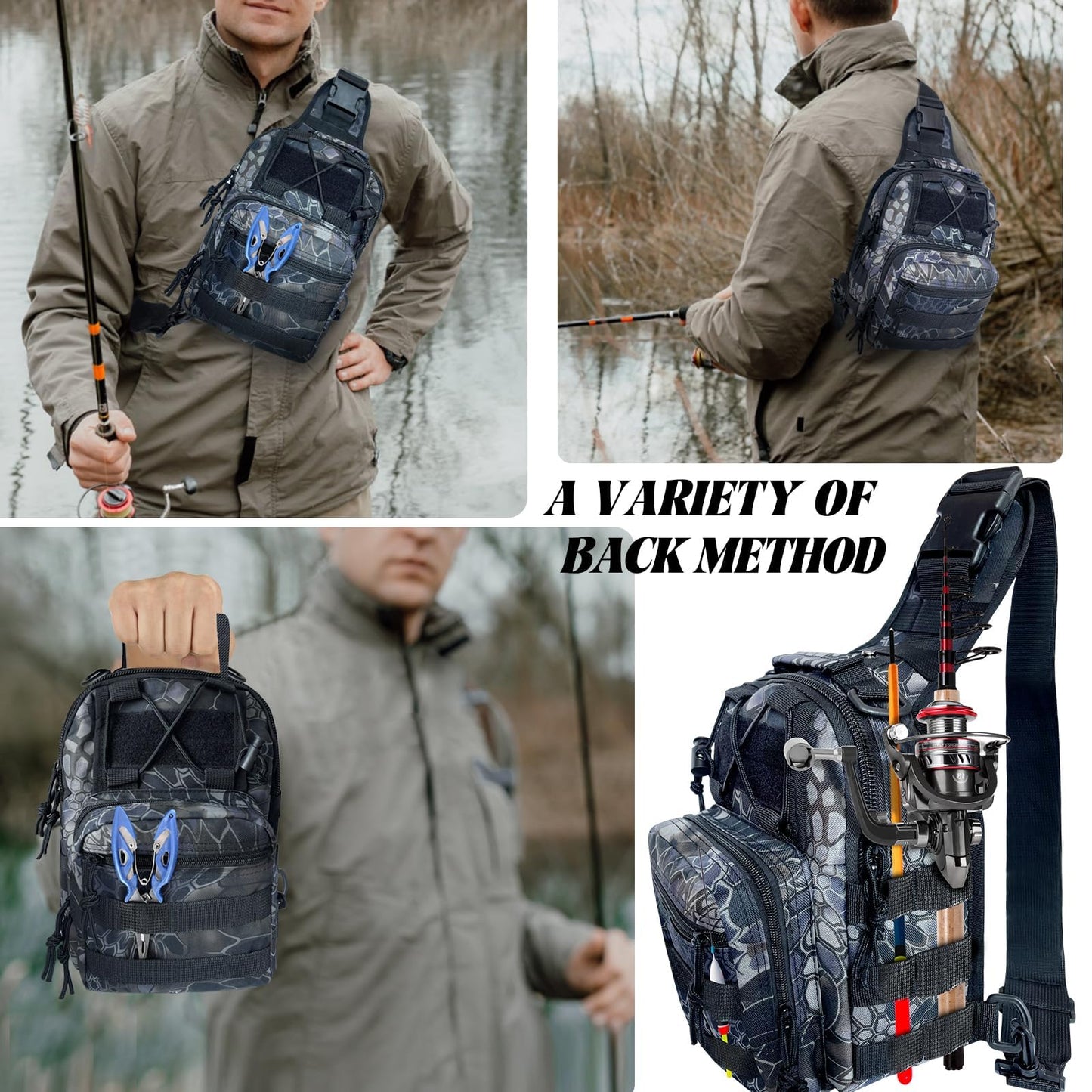 Fishing Backpack Outdoor Tackle Backpacks Small Sling Backpack with Rod Gear Holders for Fish Hunting and Traveling (A: Camouflage Black)