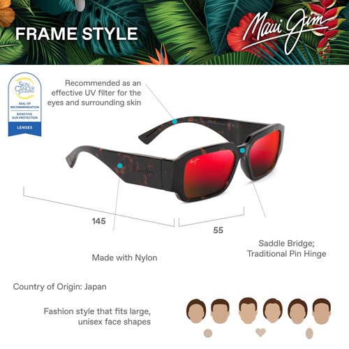 Maui Jim Kupale Rectangle Sunglasses, Shiny Dark Havana/Hawaii Lava Polarized, Large