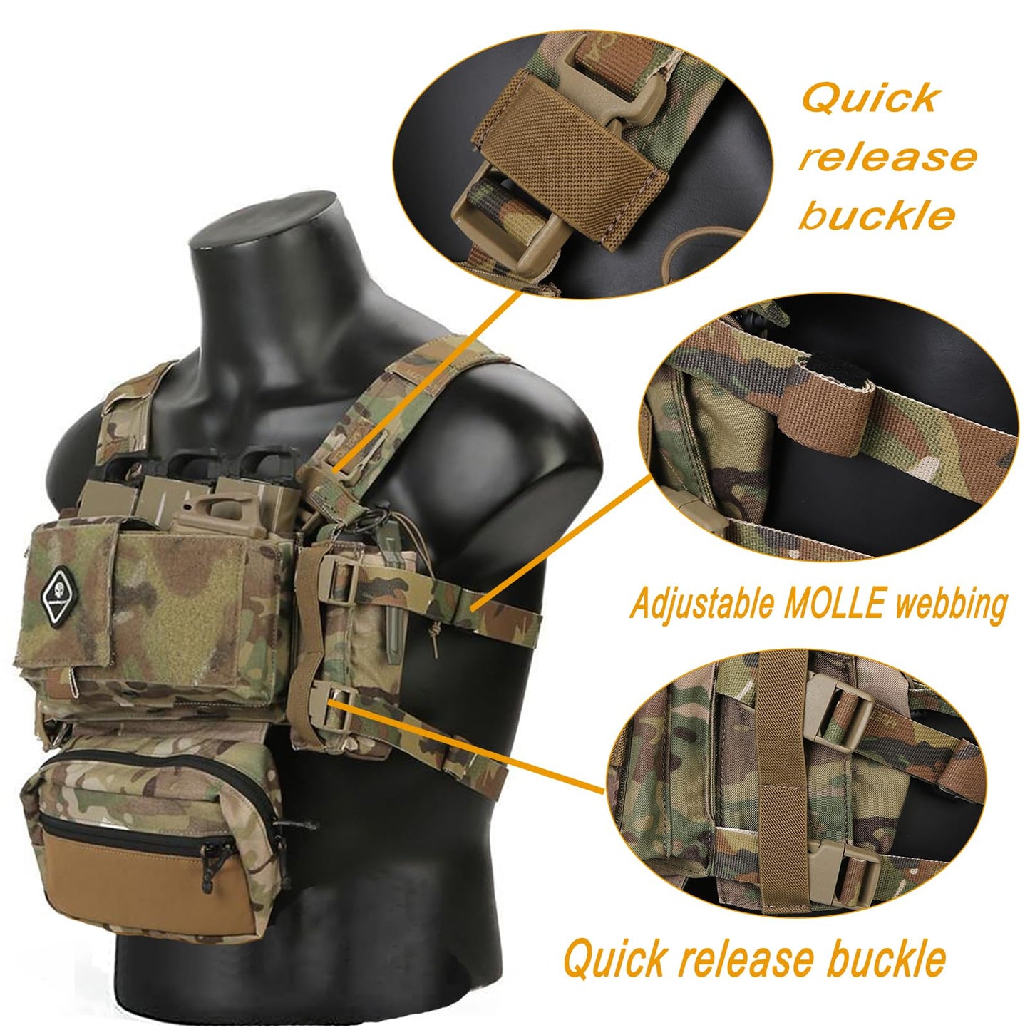 Airsoft Molle Chest Rig with YKK Zipper Mag Pouches Modular Micro Tactical 500D Nylon Vest for Hunting Training Cosplay Adventure Sports (Black)