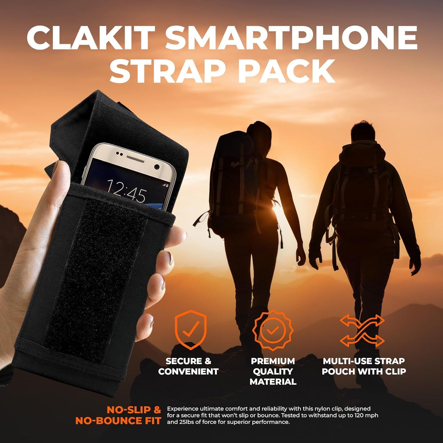 Phone Holster with Clip - Hook Loop Nylon Cellphone Holster Compact Pouch, Backpack Shoulder Strap Accessory Pouch - Multifunctional Black StrapPack Pouches for Hikers, Travelers & Commuters