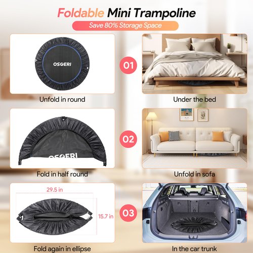 Osoeri 48" Rebounder Trampoline Foldable for Adults Max Load 450lbs, Mini Trampoline with Adjustable Foam Handle for Adults, Fitness Trampoline Indoor/Garden Workout
