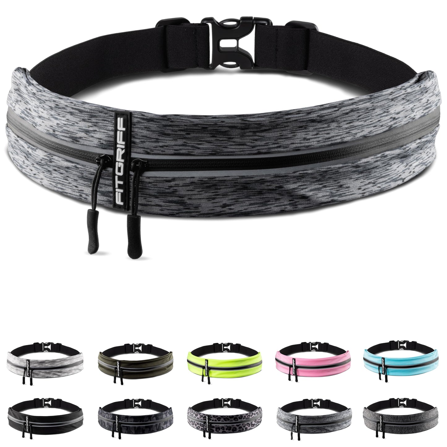 Fitgriff® Running Belt for Men & Women - Secure Jogging Pouch for Phone, Keys & Essentials - For All Cell Phones (Grey 2, 24.5" - 35.5" Waist Size)