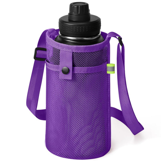 Large Water Bottle Bag with Strap, Big Mesh Water Bottle Holder Crossbody Water Sling Bag Shoulder Strap and Pocket - Lightweight Water Bottle Carrier for Walking Sports Hiking Camping (Purple)