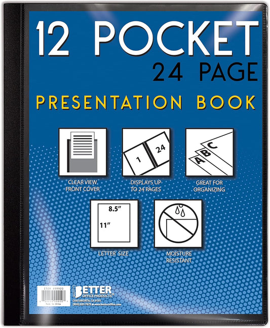 Better Office Products 12 Pocket Bound Presentation Book, Black, Clear View Front Cover, 24 Sheet Protector Pages, 8.5" x 11" Sheets, Art Portfolio, Durable Poly Covers, Letter Size (2 Pack)