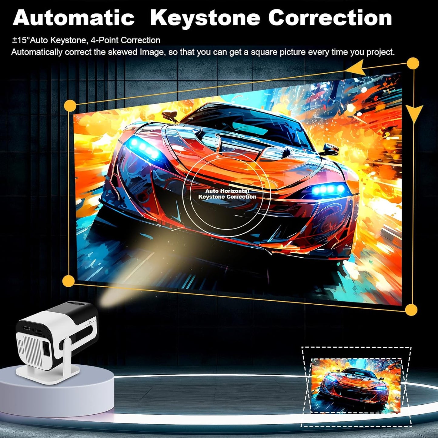 Mini Projector, HY300 PRO Portable Projector, Support 4K 1080P with Dual-Band WIFI6 5G Wireless 5.0 Bluetooth Android 11, 180° Rotatable, Auto Keystone Correction, 35"-130" Screen Video Projector
