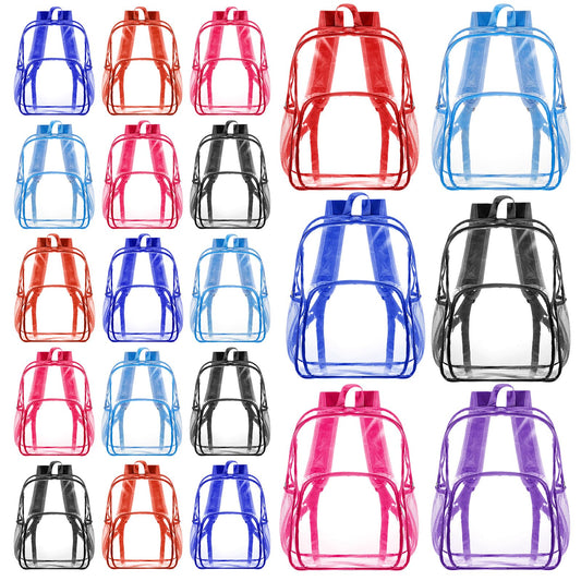 Amylove 24 Pcs Clear Backpacks Bulk Heavy Duty Transparent PVC Bookbag for Stadium Security Travel (15 Inches,Assorted 6 Colors)