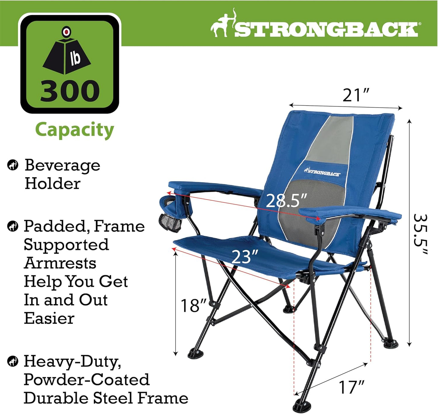STRONGBACK Elite Folding Camping Lawn Lounge Chair Heavy Duty Camp Outdoor Seat with Lumbar Support and Portable Carry Bag - Navy/Grey