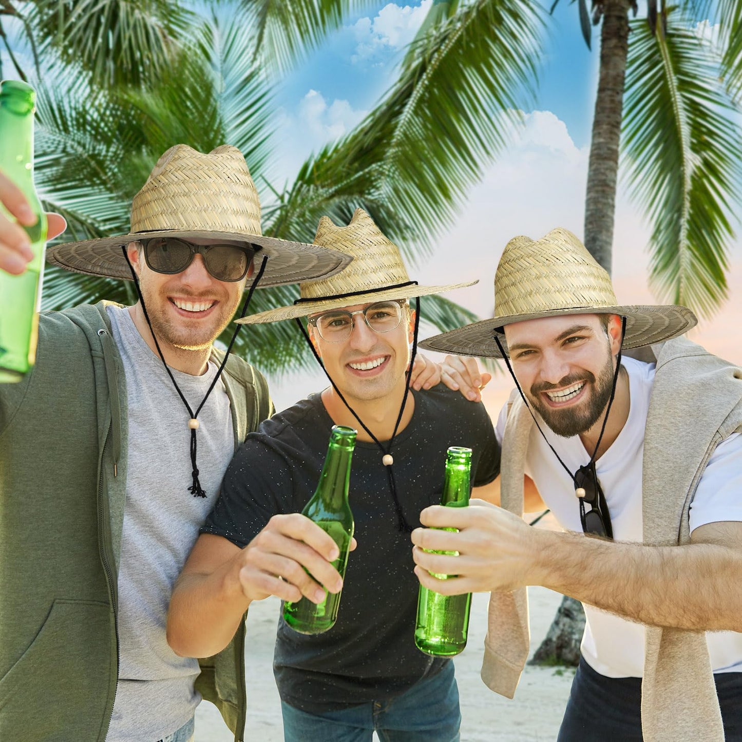 Funtery 12 Pack Straw Hat for Men Summer Large Brim Farmer Beach Sun Protection Straw Hat with Lanyard(Beige)