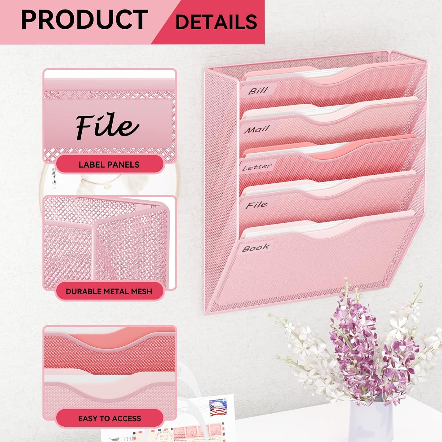 5 Pockets Mesh Hanging Wall File Holder Organizer Wall Mounted Paper Magazine Rack, Black