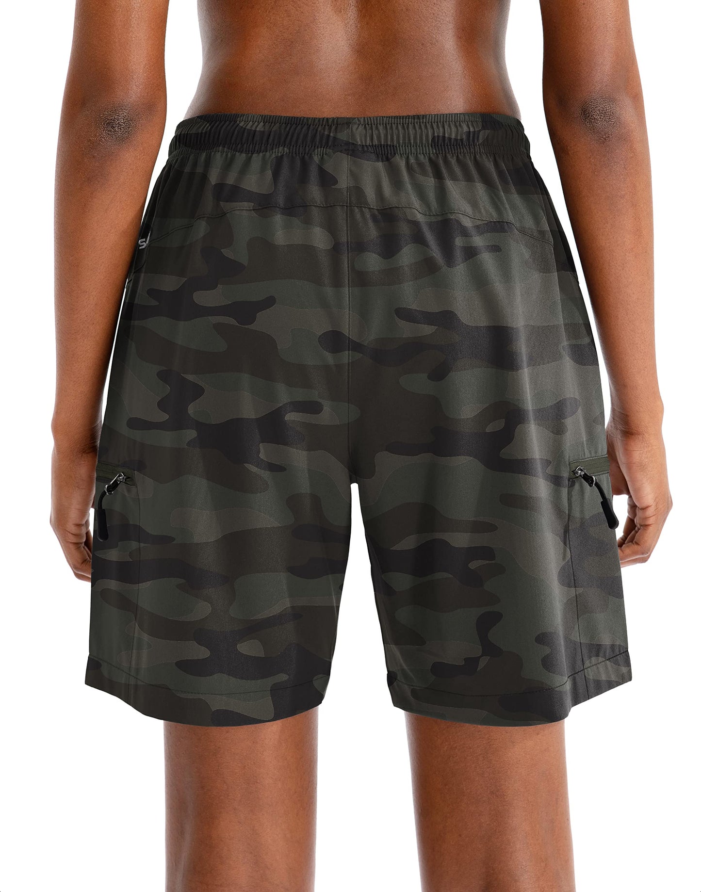 SANTINY Women's 5''/ 7''/9'' Hiking Cargo Shorts Quick Dry Lightweight Summer Shorts for Women Athletic Golf Zipper Pockets(Green Camo_XL)