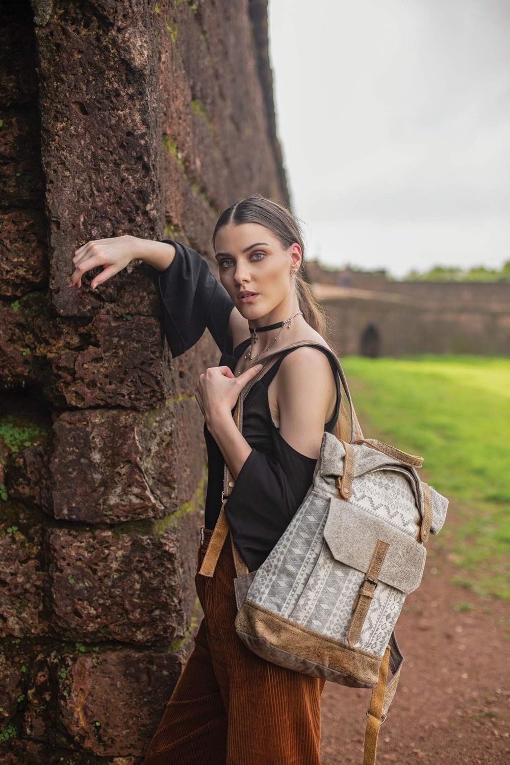 Myra Bag Classy Leather & Upcycled Canvas Backpack S-1237, 13.5" W x 19" H x 4.5" D, Ivory, Brown
