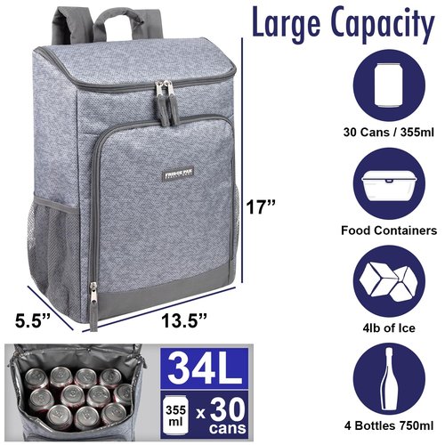 Insulated Cooler Backpack Food Delivery Bag with Drink Cup Holders, Pocket | Soft Sided Backpack Cooler Insulated Leak Proof 30 Can Travel Cooler Bag for Groceries, Camping, Beach (Heather Grey)