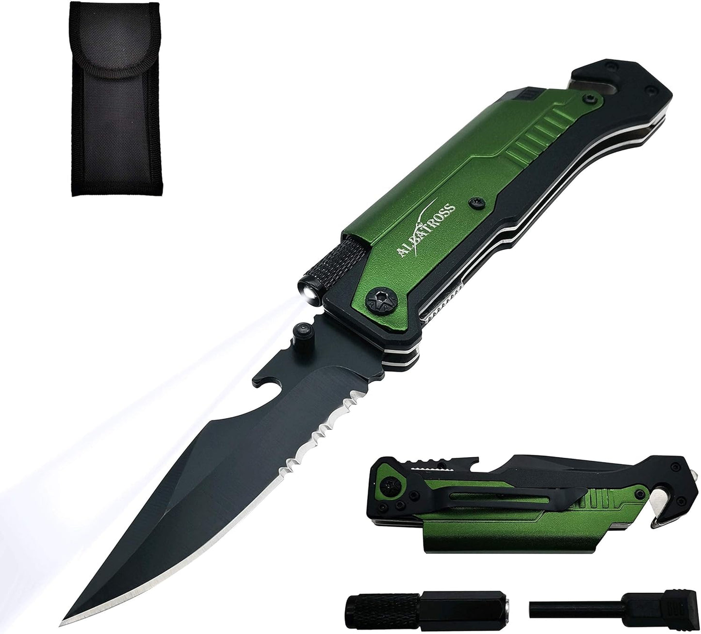 ALBATROSS 6-in-1 Survival Tactical Military Folding Pocket Knives with LED Light,Seatbelt Cutter,Glass Breaker,Magnesium Fire Starter,Bottle Opener;Multi-Function Emergency Tool(Black)