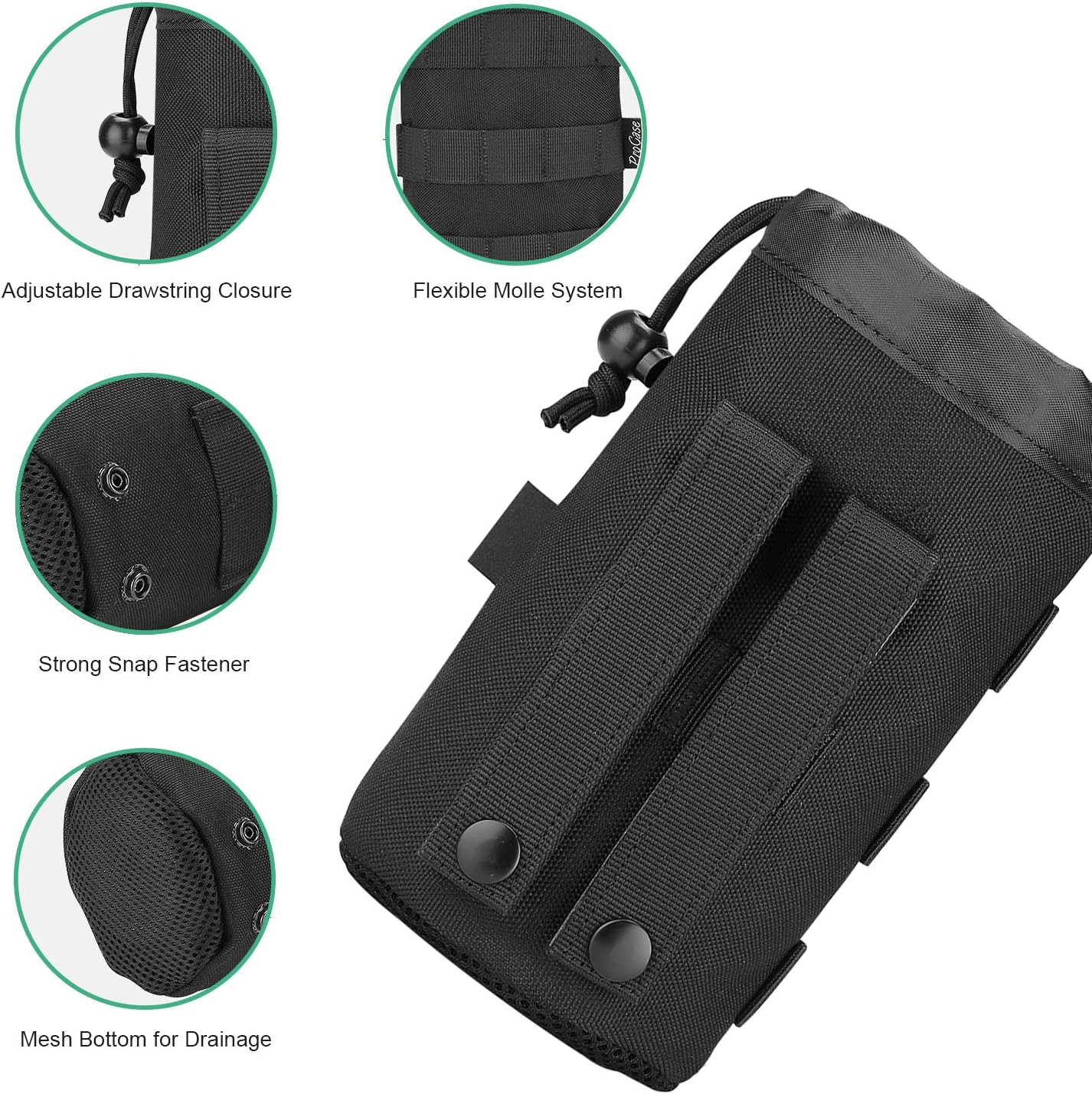 ProCase Tactical Molle Water Bottle Pouch, Military Bottle Holder with Top Drawstring & Mesh Bottom, Portable Water Container Pouch Bag Hydration Carrier for Camping Hiking Hunting Traveling –Black