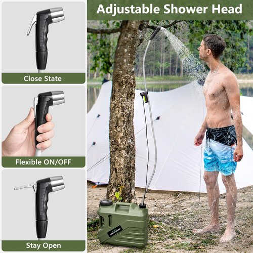 Portable Shower for Camping with 5-Gallon Water Jug, Rechargeable Camping Shower, Food Grade Material Water Containers for Fruit & Vegetables Wash, Integrate Design for Outdoors, Hiking, 2 Batteries