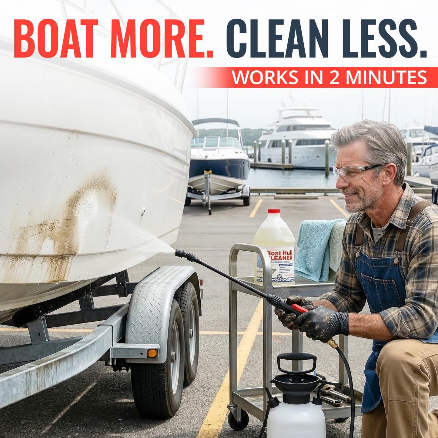 [1 Galllon] Instant Boat Hull Cleaner - Made in USA - Powerful Dual Acid Formula Easily Removes Scum Lines, Rust Stains, Hard Waterlines, & More from Fiberglass, Gelcoat & Painted Boat Surfaces