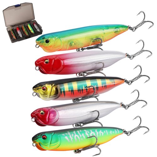 FLISSA 5PCS Top Water Fishing Lures Kits, Bass Fishing Lures for Freshwater & Saltwater, Realistic Hard Bait, Popper Fishing Lure with Treble Hooks for Trout, Bass, Salmon, Walleye Fishing