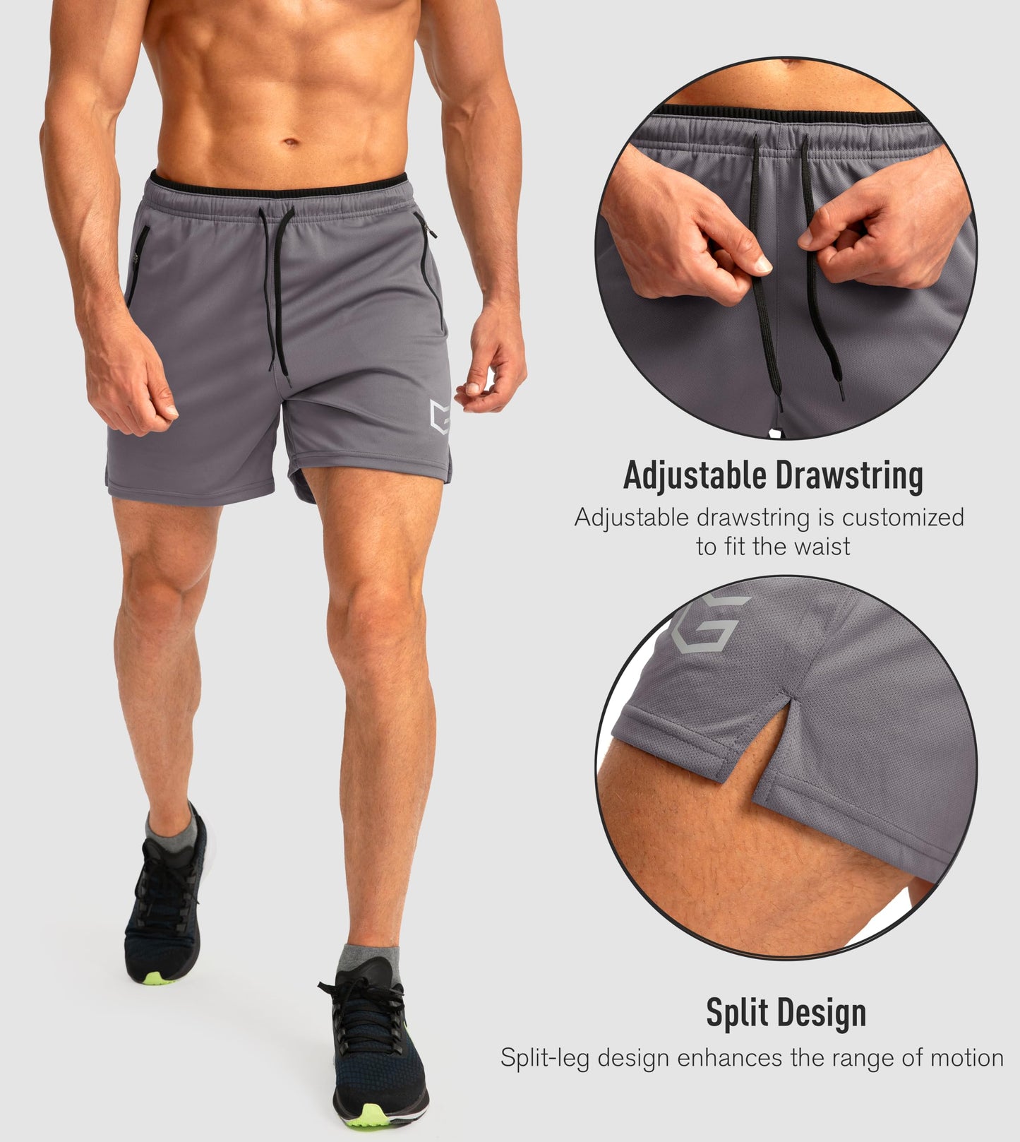 G Gradual Men's Running Shorts with Zipper Pockets Quick Dry Gym Athletic Workout 5" Shorts for Men (Grey, Large)