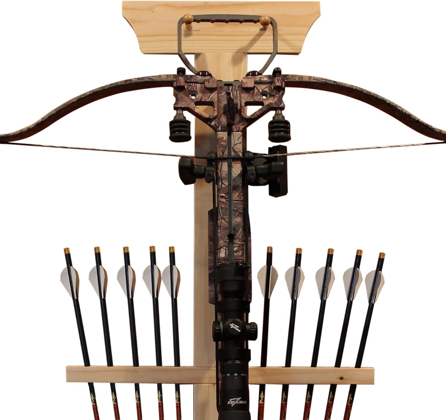 Rush Creek Creations | Wall Mounted Bow and Arrow Display Rack for Hunting and Archery Accessories | Real Tree Crossbow Holder and 10-Arrow Storage | Bow Hanger for 1 Big Crossbow with Arrow Holders