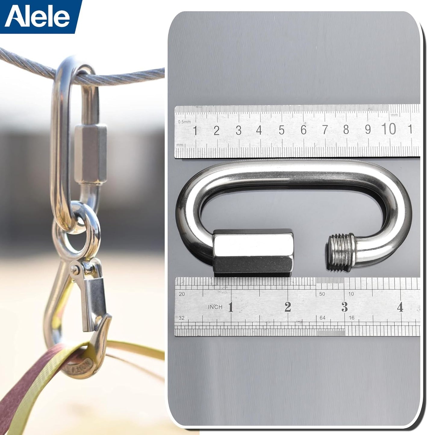 Alele D-Shape Locking Carabiner M4 Stainless Steel Quick Link Chain Connector Keychain Ring Buckle 10 Pack