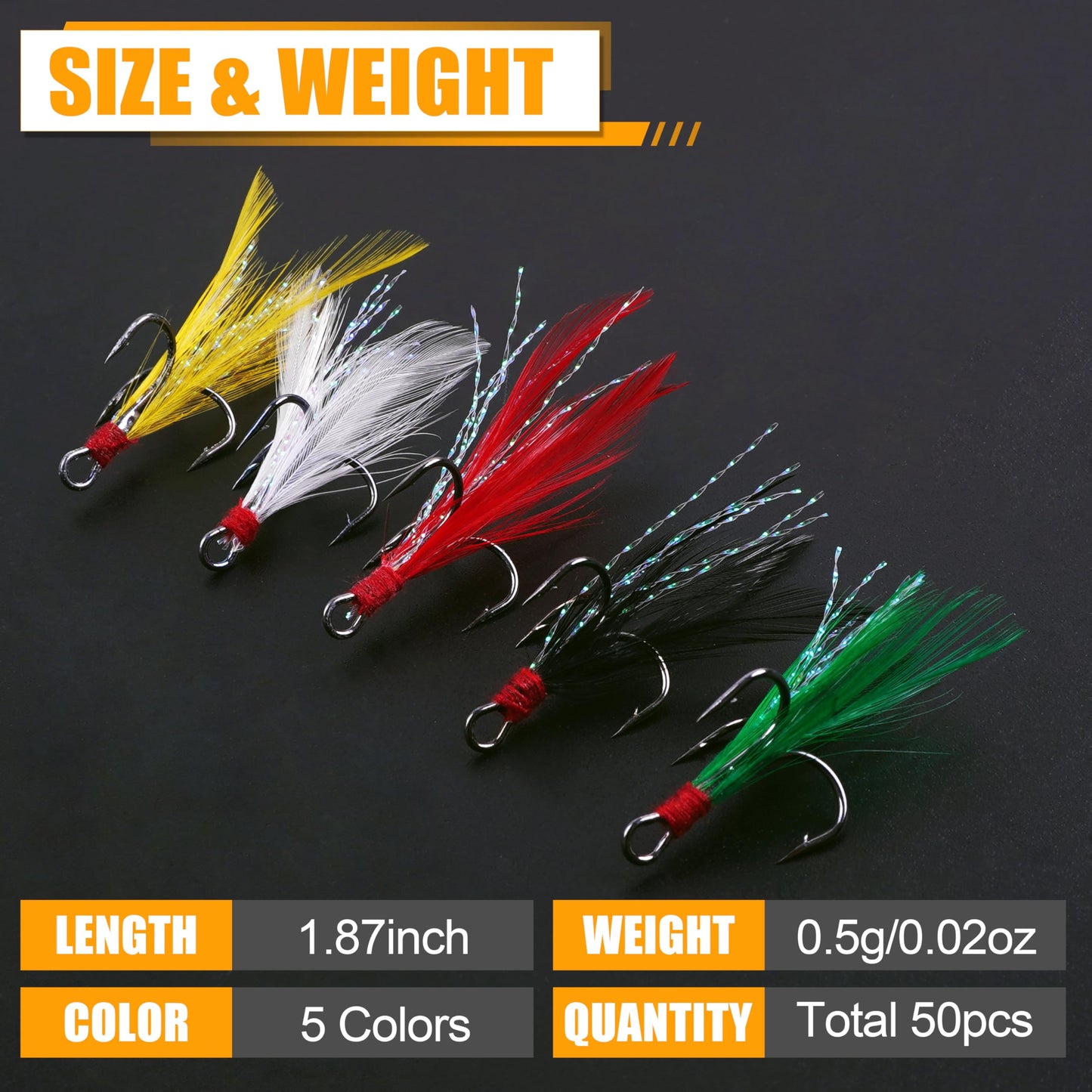 Fishing Treble Hooks Feather Hooks,50pcs Feathered Dressed Treble Hooks Kit Round Bend Treble Fishing Hooks Barbed Triple Fish Hooks for Catfish Lure Baits Saltwater Freshwater
