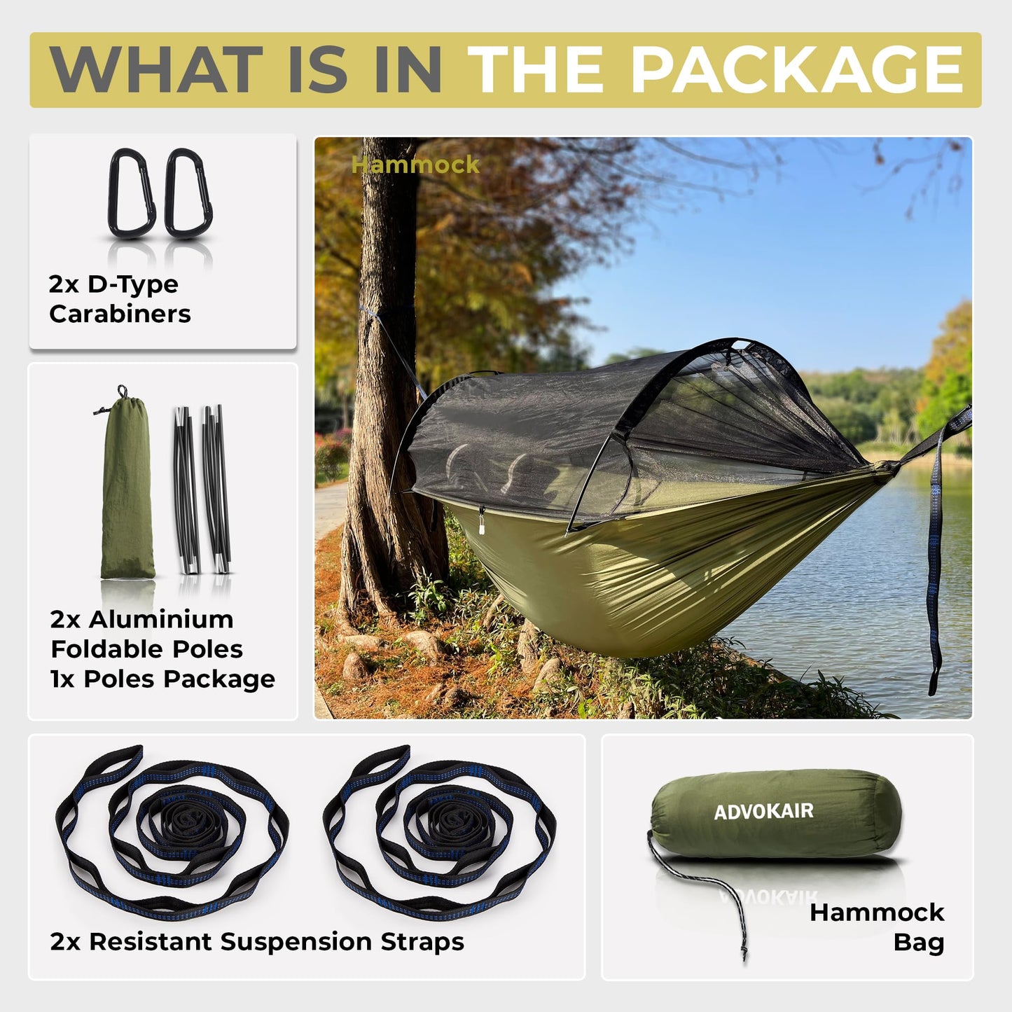 ADVOKAIR Camping Hammock with Mosquito Net Up to 500lbs, Ultralight and Portable Nylon Travel Hanging Hammock with Tree Straps, Perfect for Outside, Backpacking, Hiking and Backyard