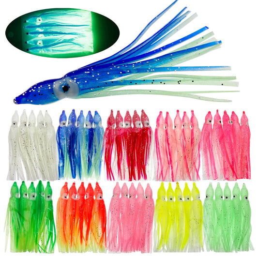 Gefischtter 50PCS Squid Swimbait Fishing Soft Plastic Lures Glow Octopus Skirt Worm Lure Kit for Sea Fishing (3.54in)