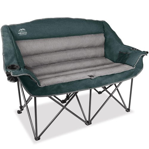 LANMOUNTAIN Fully Padded Folding Double Camping Chairs,Comfy Oversized Loveseat Lawn Chair w/Wine Glass Holder,Cup Holder,Heavy Duty Outdoor Portable Camp Couch Support 600 Lbs,Dark Green