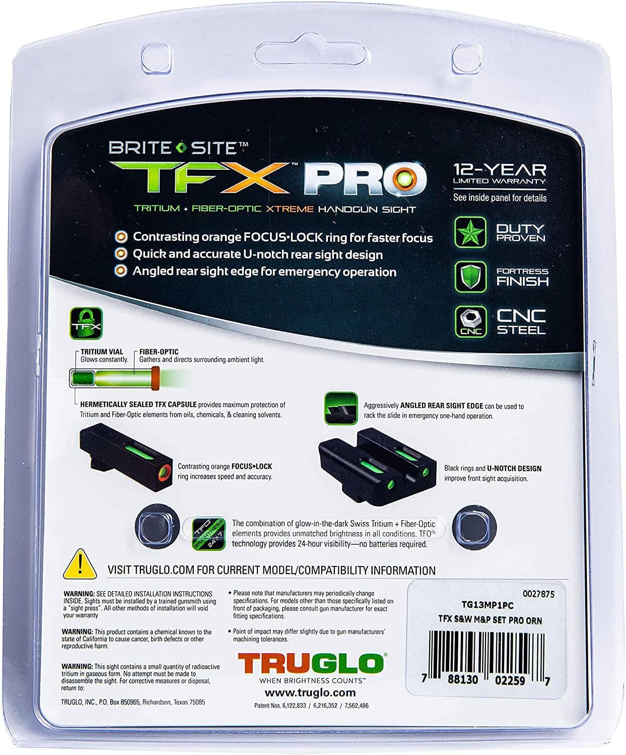 Truglo TFX PRO Night Sight for Handguns - Glowing Tritium & Fiber Optic, Compact & Durable