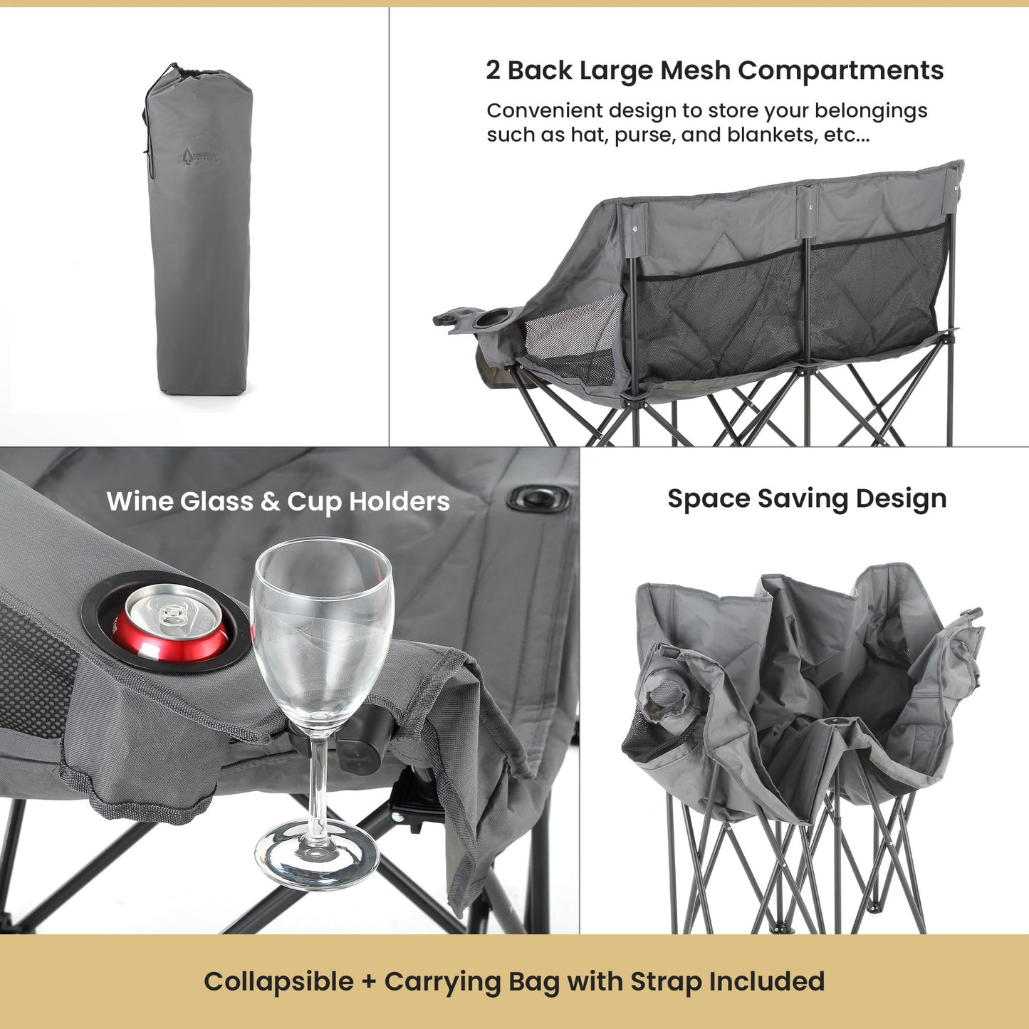 ARROWHEAD OUTDOOR Portable Folding Double Duo Camping Chair Loveseat w/ 2 Cup & Wine Glass Holder, Heavy-Duty Carrying Bag, Padded Seats & Armrests, Supports up to 500lbs, USA-Based Support