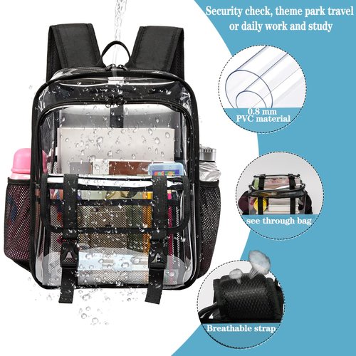 KUI WAN Clear Backpack, 15 inch Heavy Duty See Through Backpack for Boys and Girls Clear Book Bag with Multi-pockets
