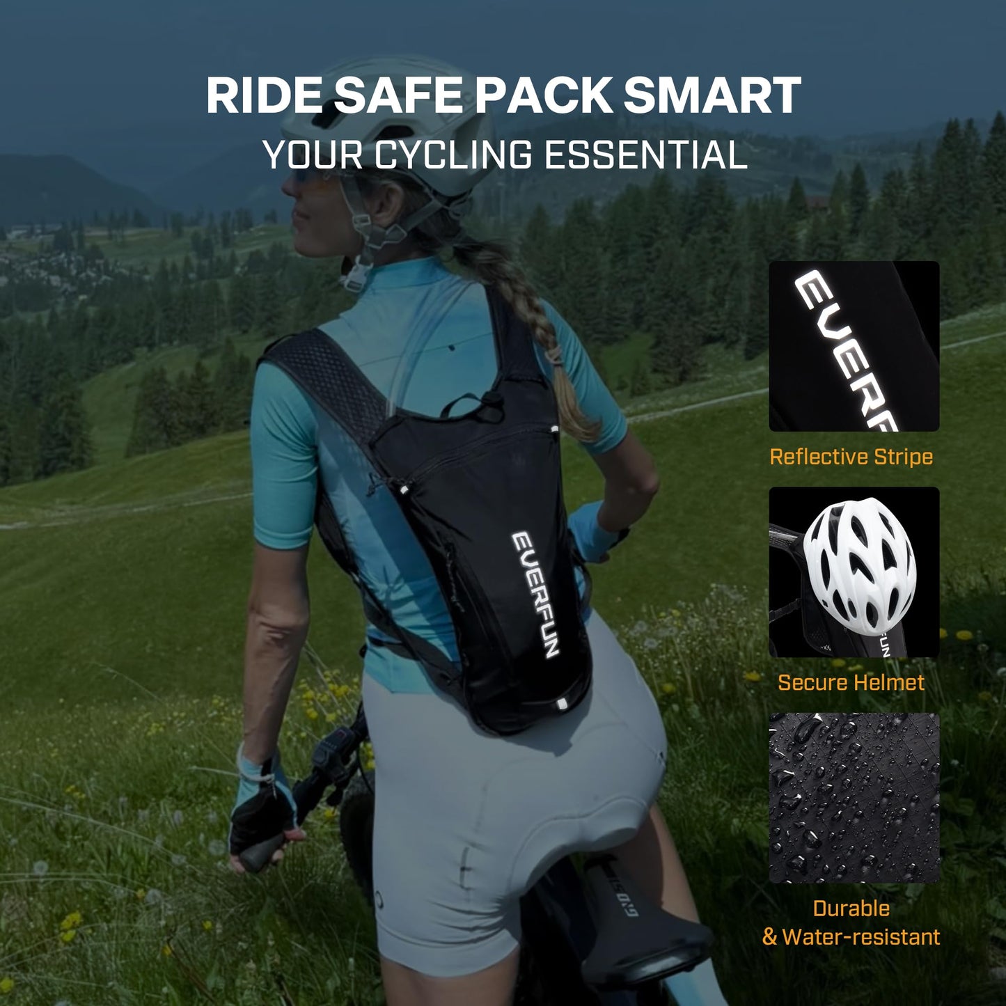 EVERFUN Hydration Backpack Running Vest Small Hiking Water Backpack with 1.5L Water Bladder for Women Men, Lightweight Reflective Dayhike Hydro Pack for Trail Running, Biking, Race, Marathons, Black