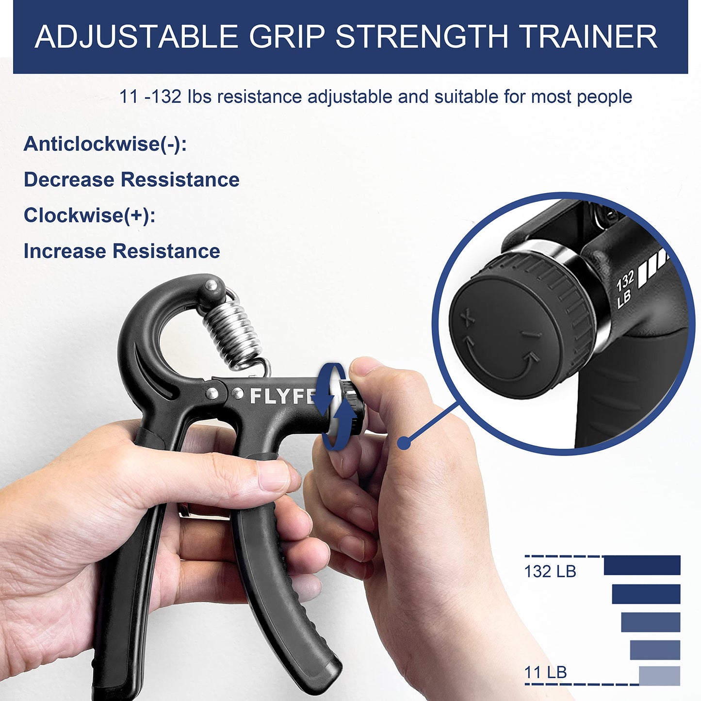 FLYFE Grip Strength Trainer 2 Pack 11-132 lbs, Hand Grip Exerciser Strengthener with Adjustable Resistance, Forearm Strengthener, Hand Exerciser for Muscle Building and Injury Recovery