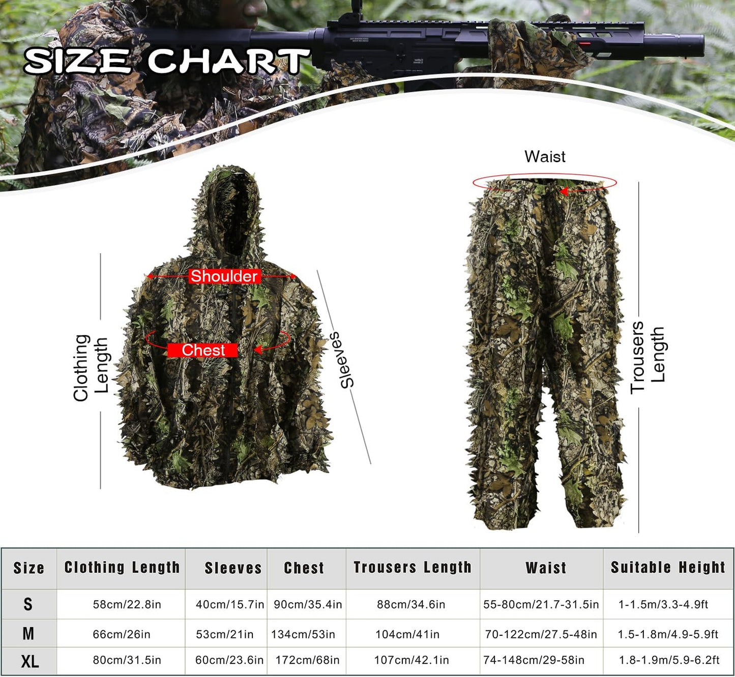 Zicac Outdoor Camo Ghillie Suit 3D Leafy Camouflage Clothing Jungle Woodland Hunting