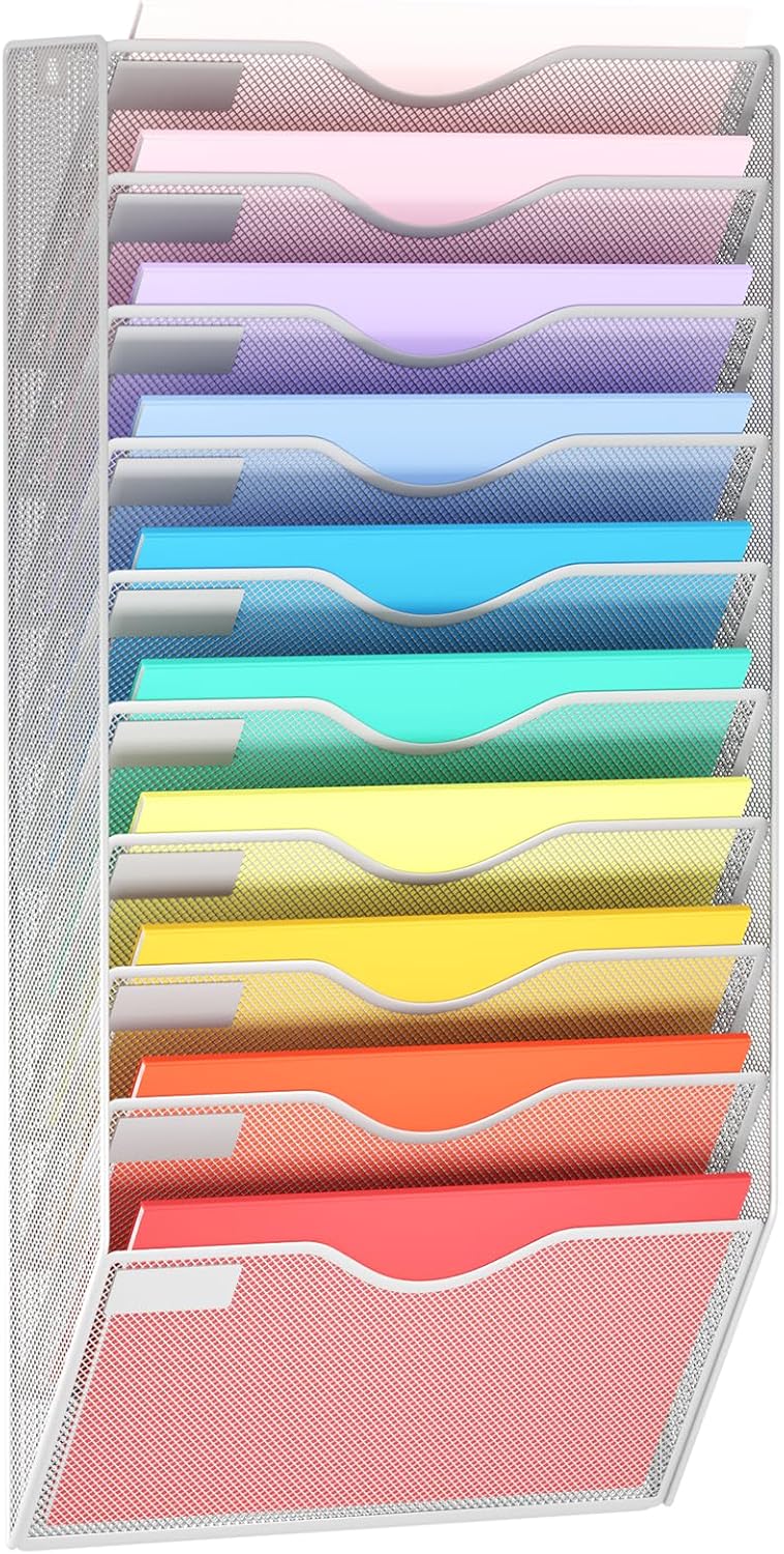 5 Pockets Mesh Hanging Wall File Holder Organizer Wall Mounted Paper Magazine Rack, Black