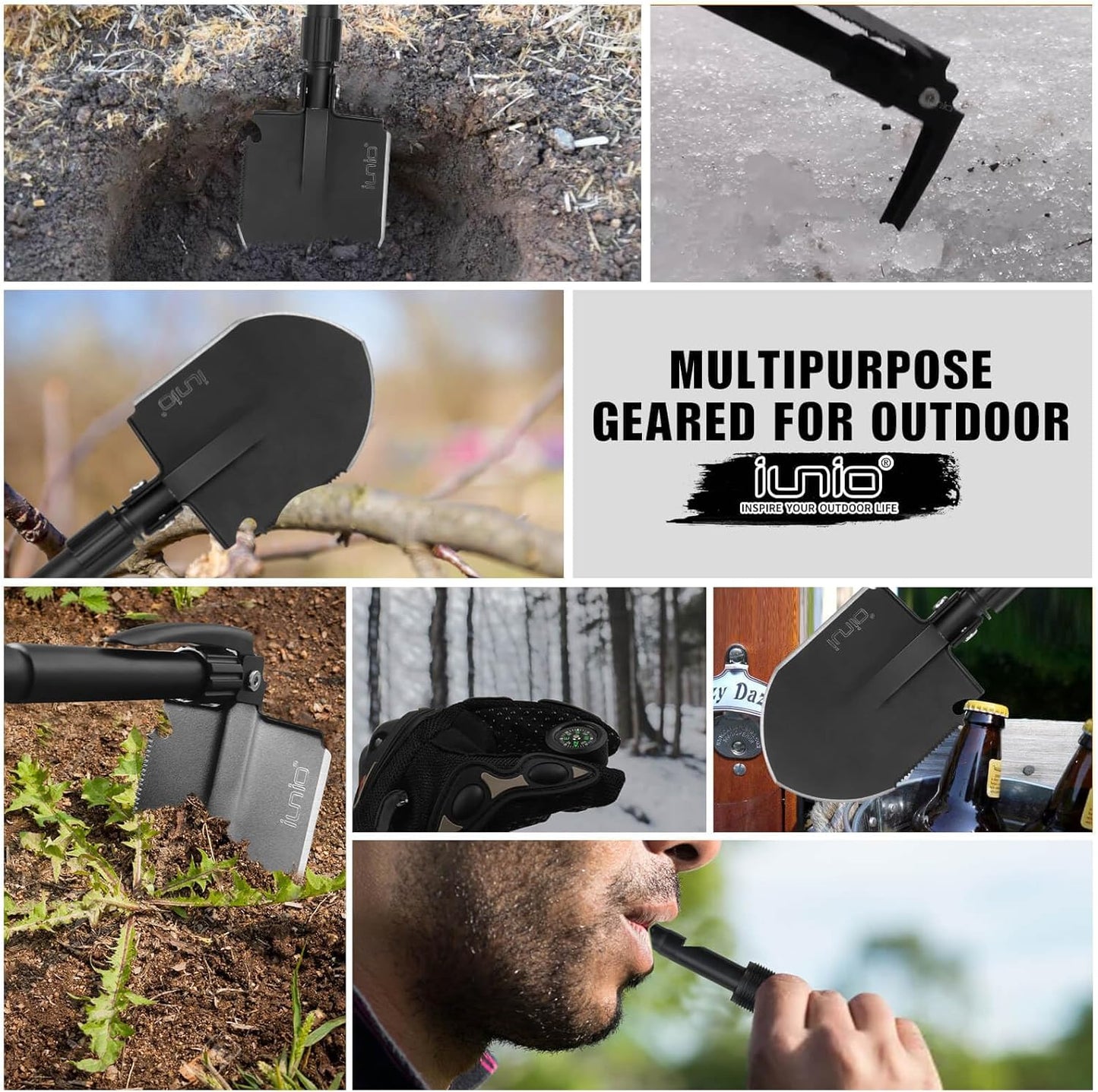 iunio Camping Shovel,Shovel Folding, Portable, Multitool, Foldable Entrenching Tool, Collapsible Spade, for Backpacking, Trenching, Hiking, Survival, Car Emergency