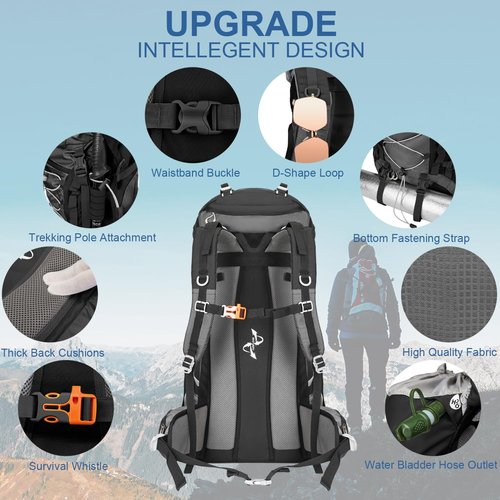 NEHOR 60L Hiking Backpack, Water Resistant Camping Backpack with Rain Cover, Large Lightweight Hiking Bag Outdoor Travel Daypack for Men Women, Black