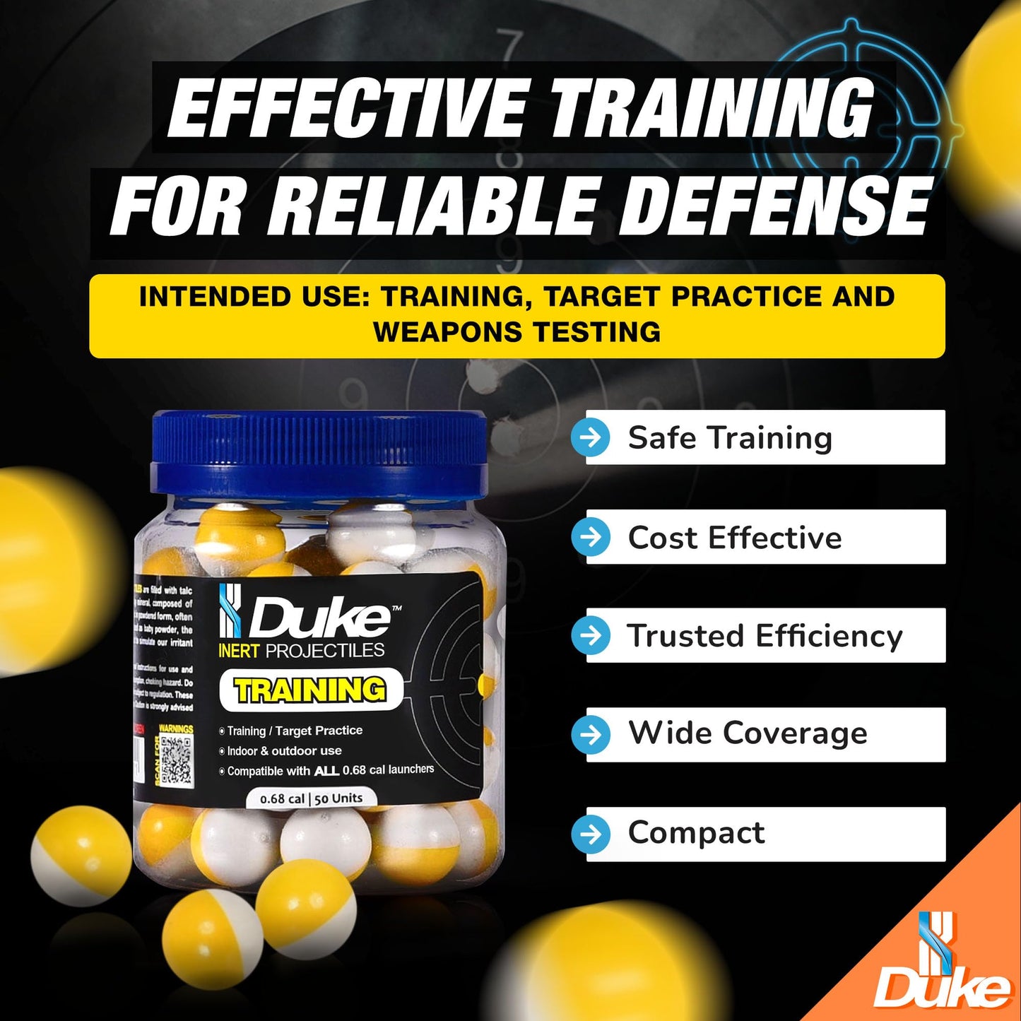 Duke Inert Projectiles - 68 Cal Ammo for Training Guns, Non-Lethal Powder 68 Caliber Projectiles and Self Defense Balls for Kinetic Gun Self Defense, 68 Caliber Rounds for Practice Gun - 50 Count