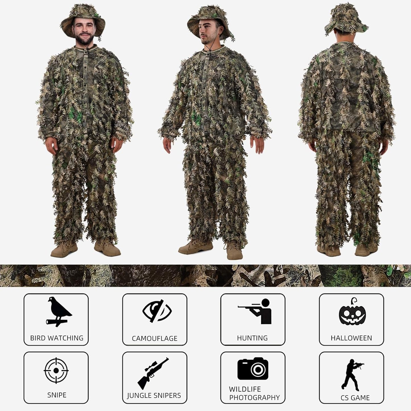 Zicac Outdoor Camo Ghillie Suit 3D Leafy Camouflage Clothing Jungle Woodland Hunting