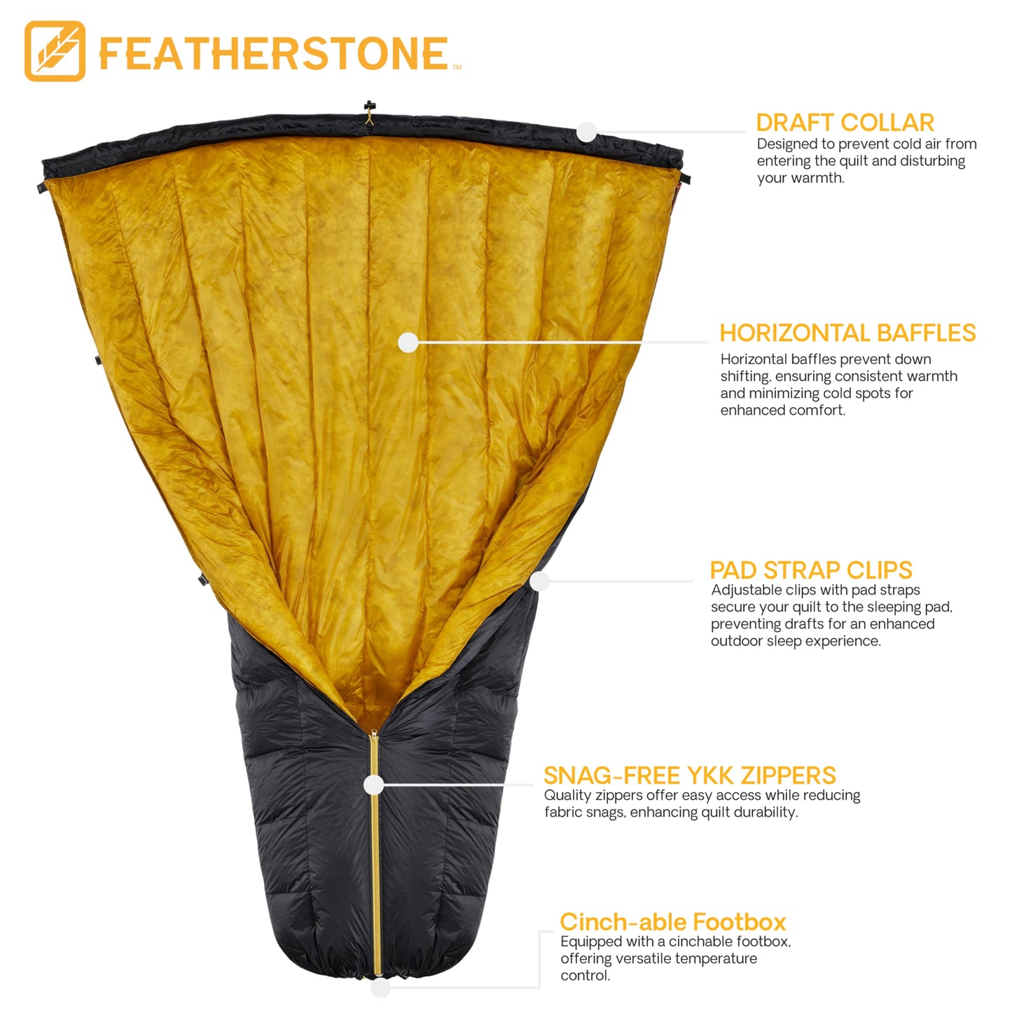 Featherstone Moondance 25 850 Fill Power Down Top Quilt Mummy Sleeping Bag Alternative for Ultralight Backpacking Camping and Thru-Hiking Color: Grey/Marigold Size: Regular/Regular
