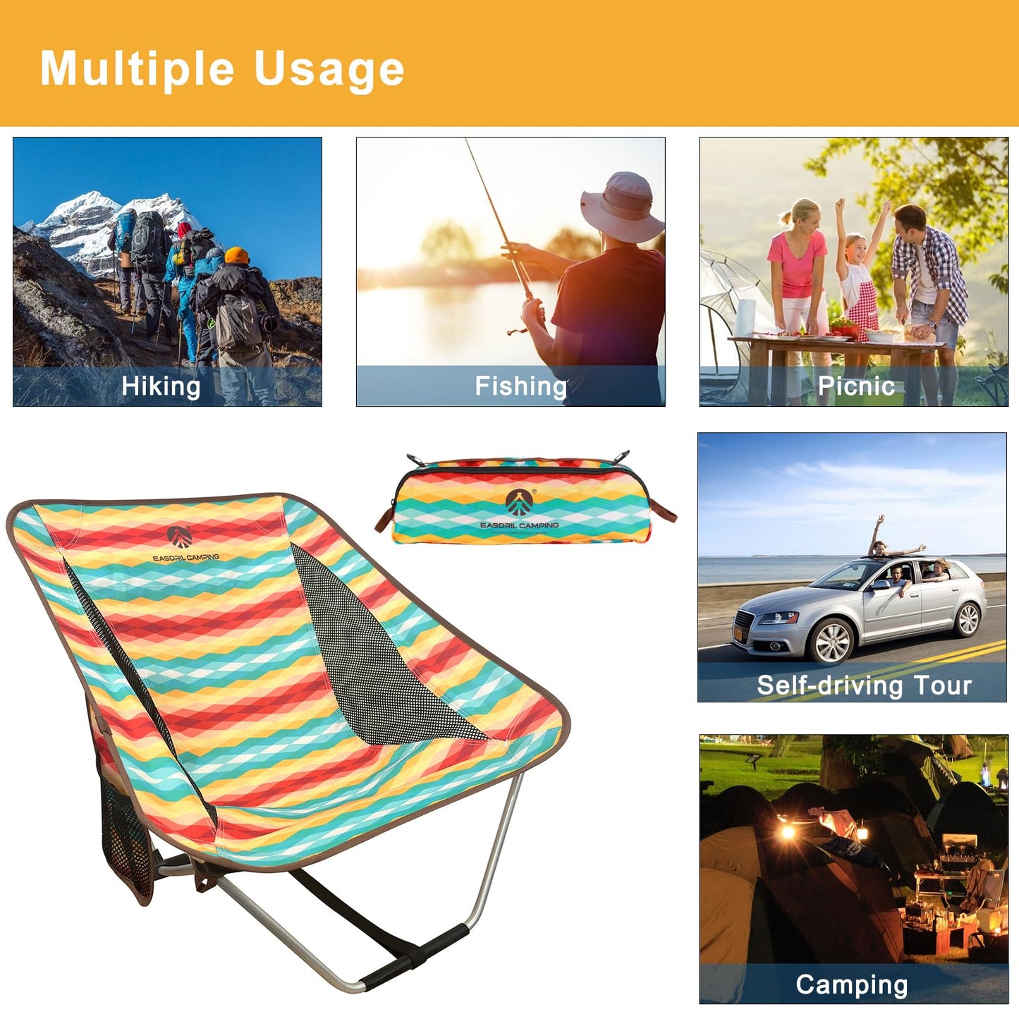 EASDRIL Ultralight Folding Camping Chair Low Lightweight Foldable Camp Chairs with Carry Bag for Hiking, Backpacking, Picnic, Outdoor Concert, Sports Events, Beach