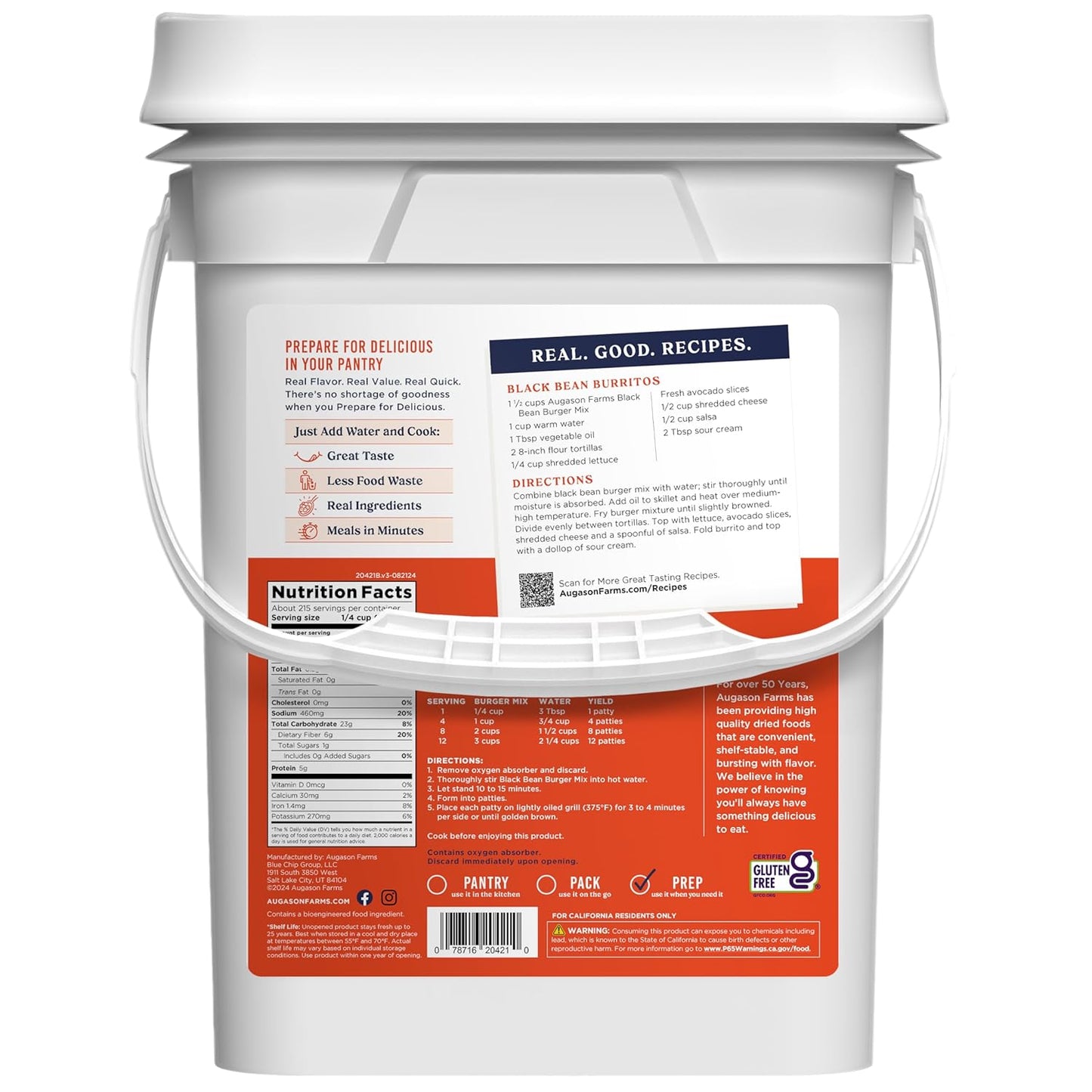 Augason Farms Black Bean Burger Mix 4-Gallon Pail, Certified Gluten Free, Emergency Food Supply, Everyday Meals, 215 Servings