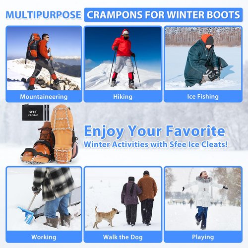 Sfee Crampons for Shoes and Boots - Non Slip Gripper Spikes with Stainless Steel Chains, Traction Cleats for Snow and Ice, Hiking, Climbing, Ice Fishing (M)