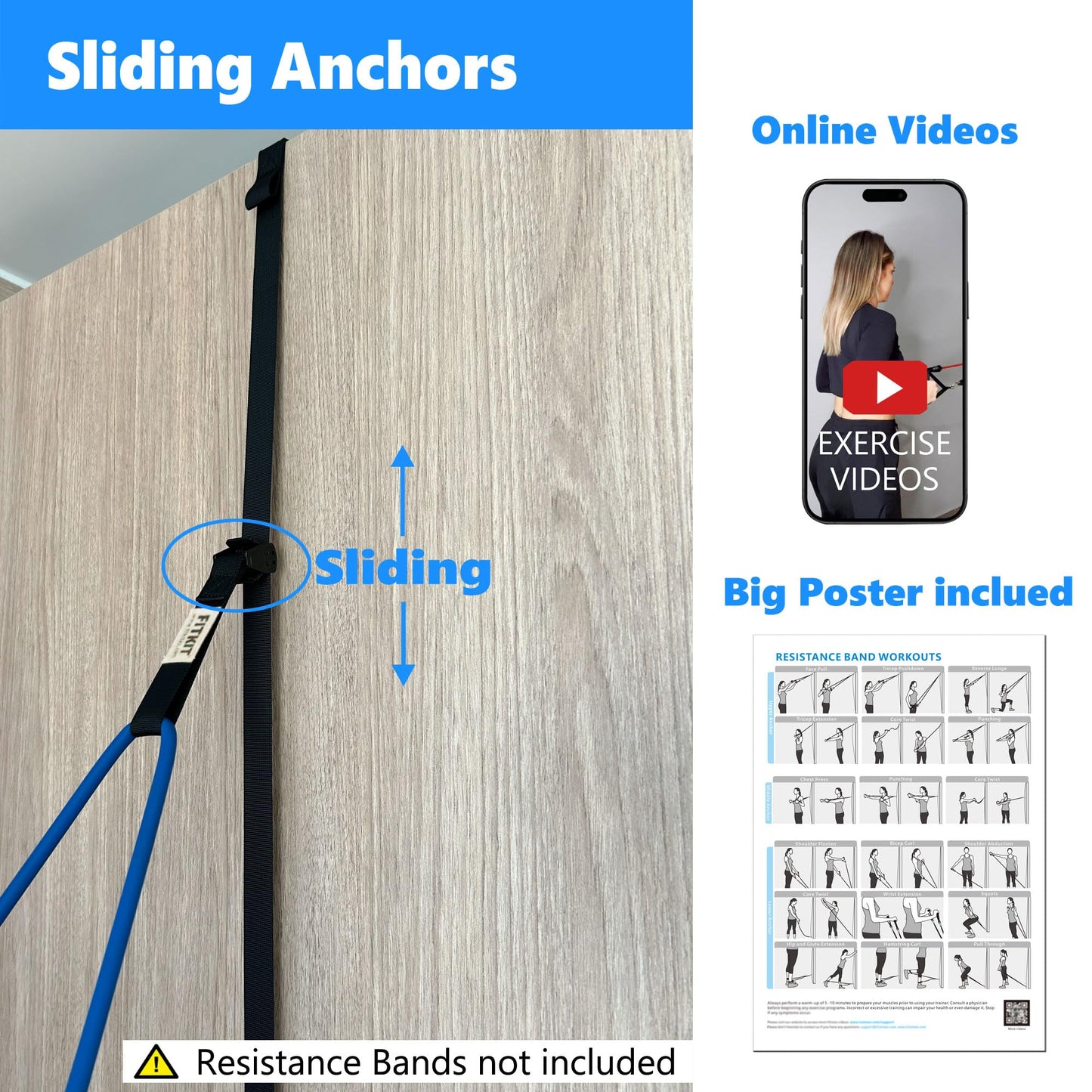 FITKIT Door and Wall Moveable Anchor Straps with Adjustable Multi Point for Resistance Bands, Workout Attachment for Home Gym, Fits 6-8 ft Doors