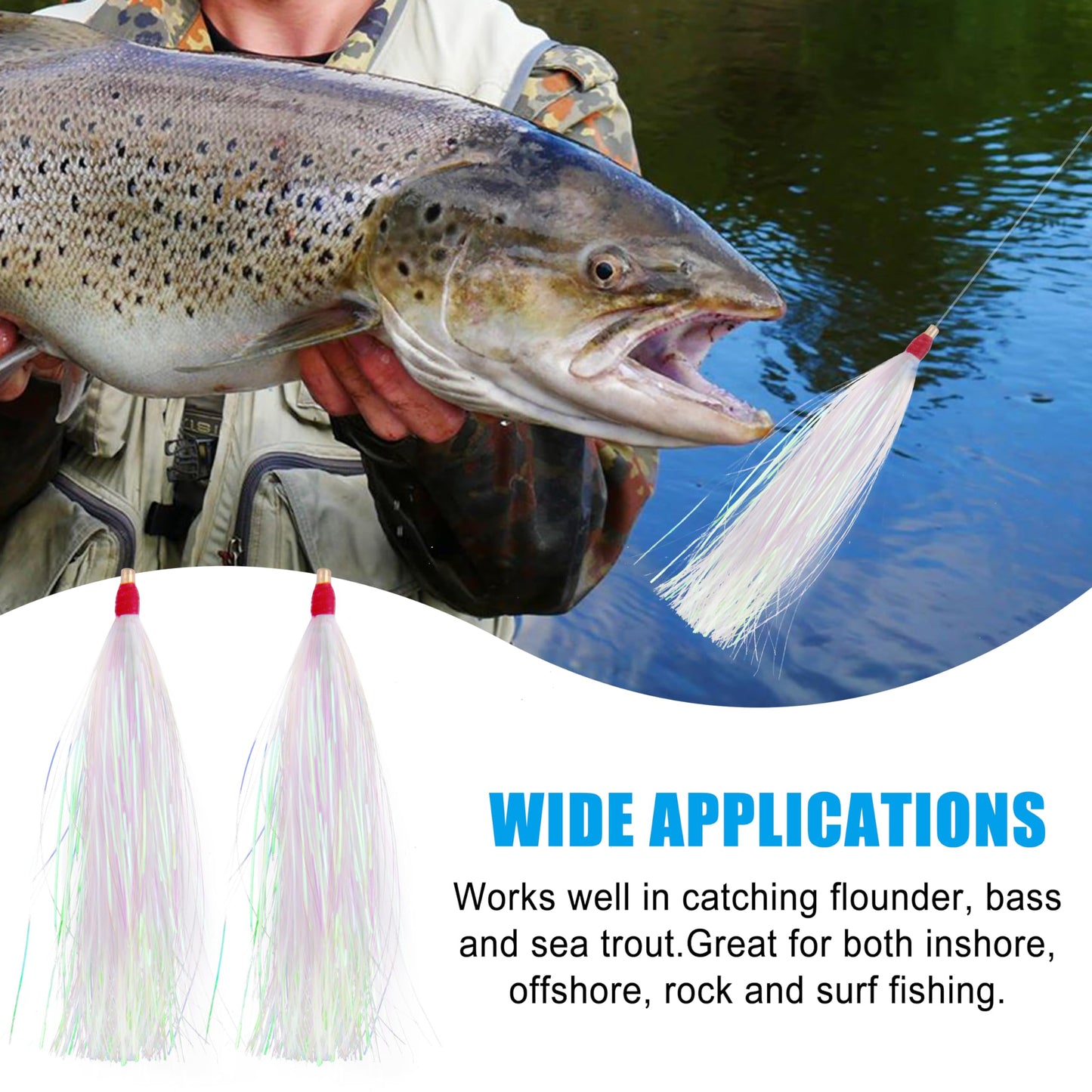 Fishing Bucktail Teasers Kit, 10pcs Mylar Flash Teaser Tail Fishing Teaser Lures Mylar Bucktail Skirts for Flounder Rig Saltwater White